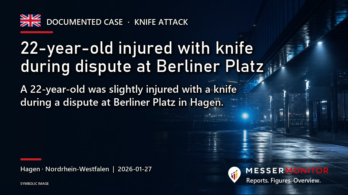 Title image: 22-year-old injured with knife during dispute at Berliner Platz. A 22-year-old was slightly injured with a knife during a dispute at Berliner Platz in Hagen..