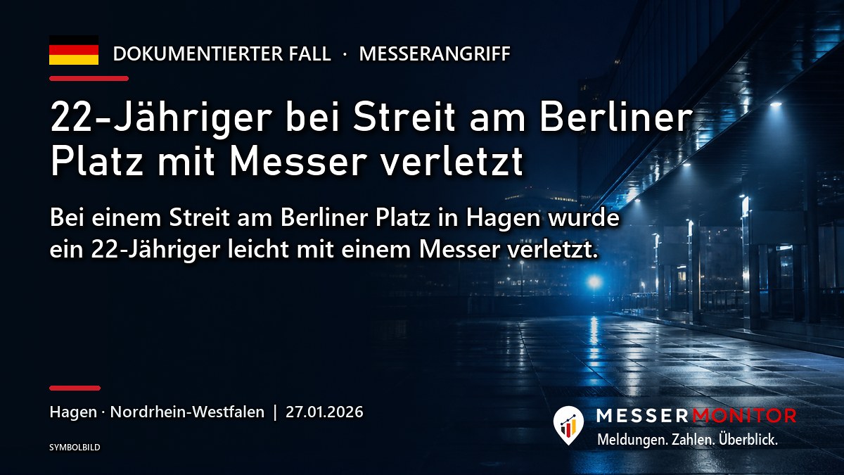 Titelgrafik: 22-Jähriger bei Streit am Berliner Platz mit Messer verletzt. Bei einem Streit am Berliner Platz in Hagen wurde ein 22-Jähriger leicht mit einem Messer verletzt..