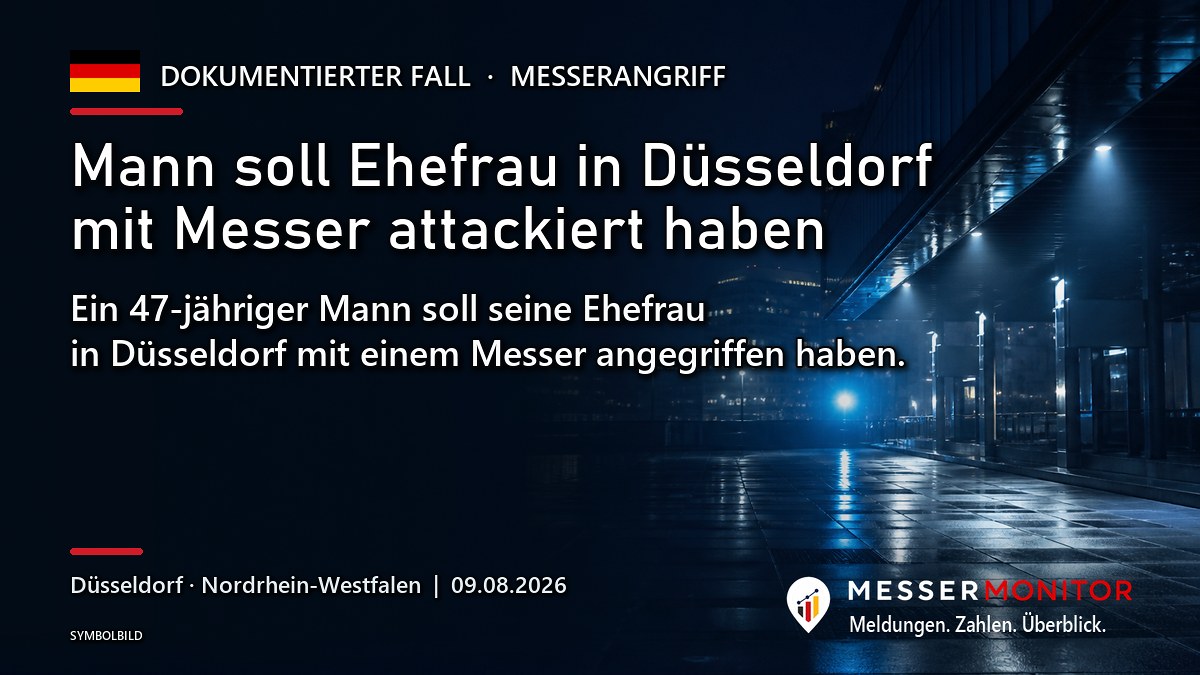 Titelgrafik: Mann soll Ehefrau in Düsseldorf mit Messer attackiert haben. Ein 47-jähriger Mann soll seine Ehefrau in Düsseldorf mit einem Messer angegriffen haben..