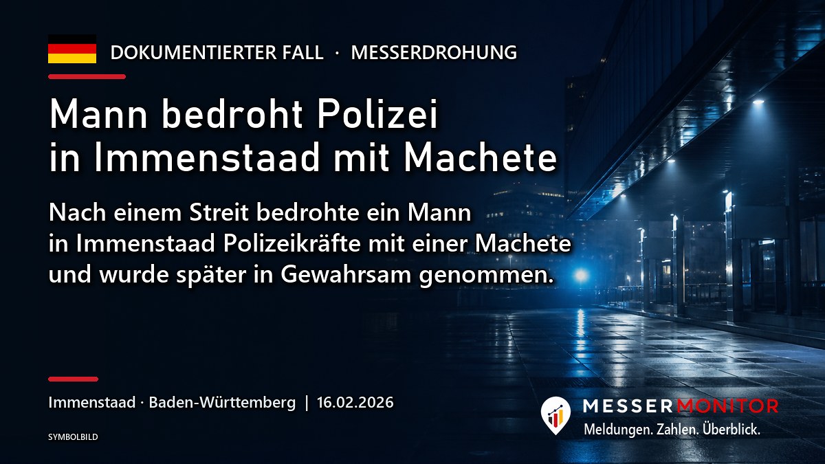 Titelgrafik: Mann bedroht Polizei in Immenstaad mit Machete. Nach einem Streit bedrohte ein Mann in Immenstaad Polizeikräfte mit einer Machete und wurde später in Gewahrsam genommen..