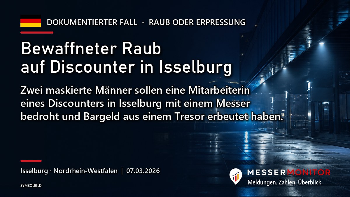 Titelgrafik: Bewaffneter Raub auf Discounter in Isselburg. Zwei maskierte Männer sollen eine Mitarbeiterin eines Discounters in Isselburg mit einem Messer bedroht und Bargeld aus einem Tresor erbeutet haben..
