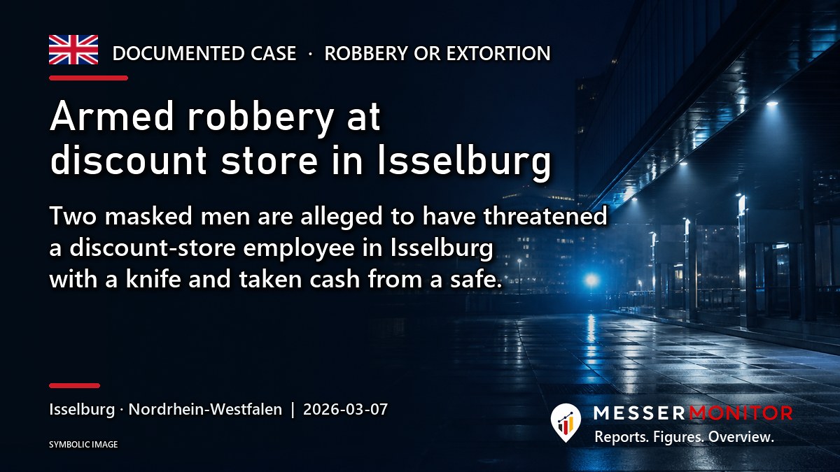 Title image: Armed robbery at discount store in Isselburg. Two masked men are alleged to have threatened a discount-store employee in Isselburg with a knife and taken cash from a safe..