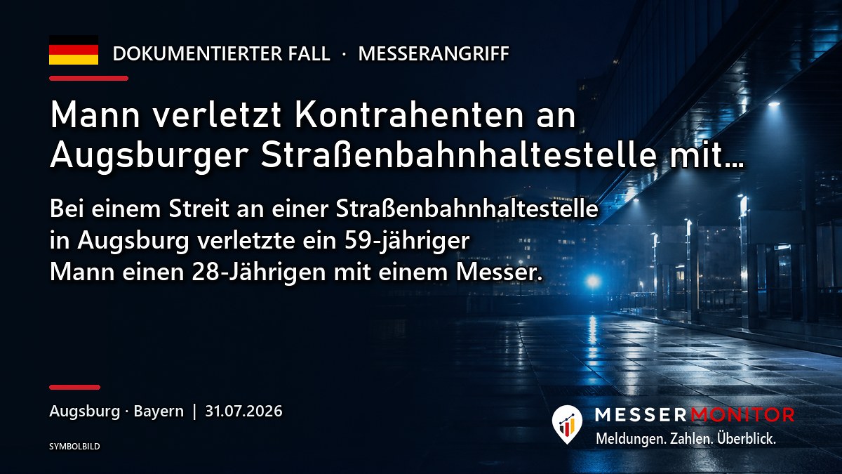 Titelgrafik: Mann verletzt Kontrahenten an Augsburger Straßenbahnhaltestelle mit…. Bei einem Streit an einer Straßenbahnhaltestelle in Augsburg verletzte ein 59-jähriger Mann einen 28-Jährigen mit einem Messer..