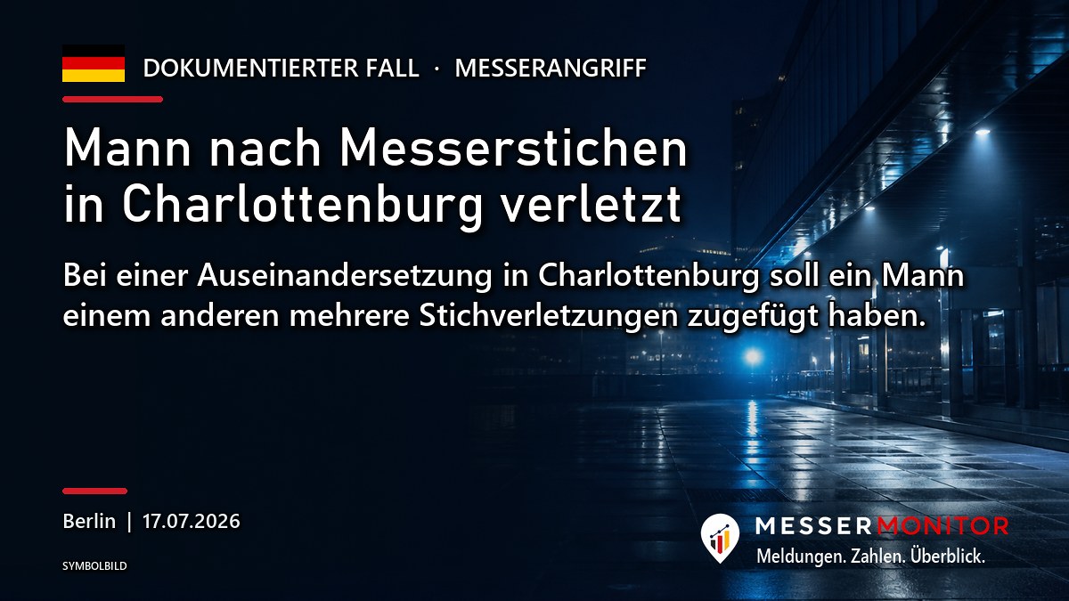 Titelgrafik: Mann nach Messerstichen in Charlottenburg verletzt. Bei einer Auseinandersetzung in Charlottenburg soll ein Mann einem anderen mehrere Stichverletzungen zugefügt haben..
