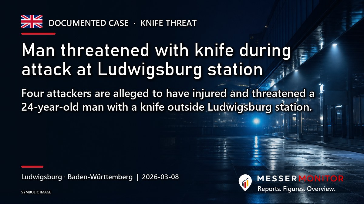 Title image: Man threatened with knife during attack at Ludwigsburg station. Four attackers are alleged to have injured and threatened a 24-year-old man with a knife outside Ludwigsburg station..