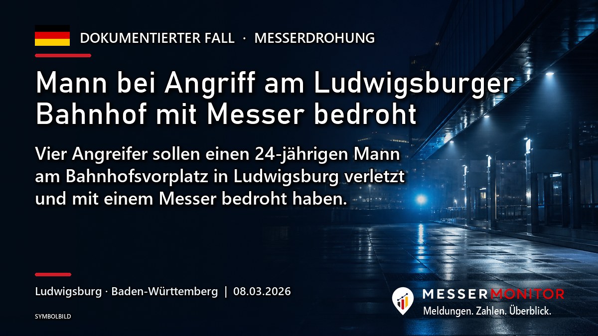 Titelgrafik: Mann bei Angriff am Ludwigsburger Bahnhof mit Messer bedroht. Vier Angreifer sollen einen 24-jährigen Mann am Bahnhofsvorplatz in Ludwigsburg verletzt und mit einem Messer bedroht haben..