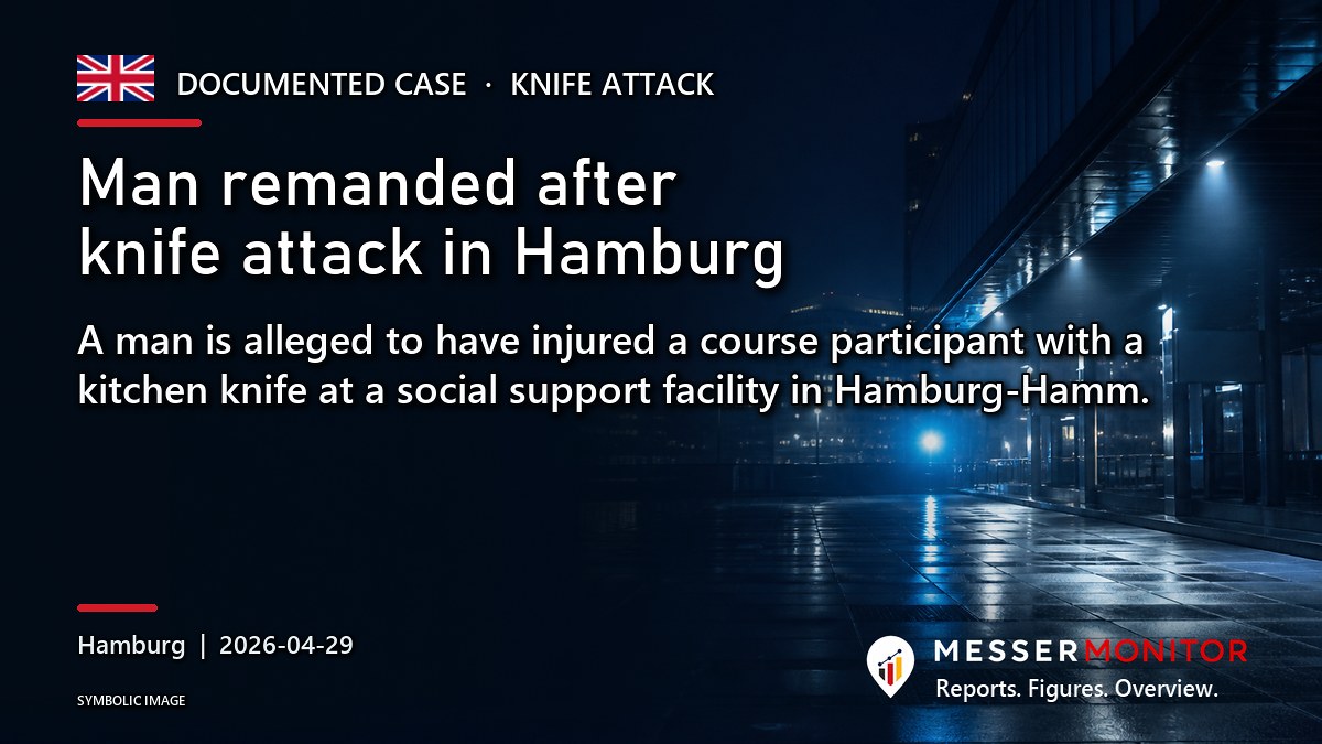 Title image: Man remanded after knife attack in Hamburg. A man is alleged to have injured a course participant with a kitchen knife at a social support facility in Hamburg-Hamm..