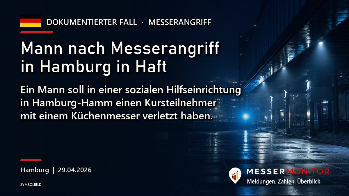 Titelgrafik: Mann nach Messerangriff in Hamburg in Haft. Ein Mann soll in einer sozialen Hilfseinrichtung in Hamburg-Hamm einen Kursteilnehmer mit einem Küchenmesser verletzt haben..