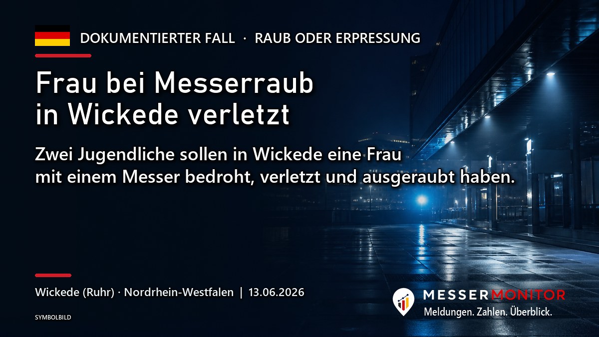 Titelgrafik: Frau bei Messerraub in Wickede verletzt. Zwei Jugendliche sollen in Wickede eine Frau mit einem Messer bedroht, verletzt und ausgeraubt haben..