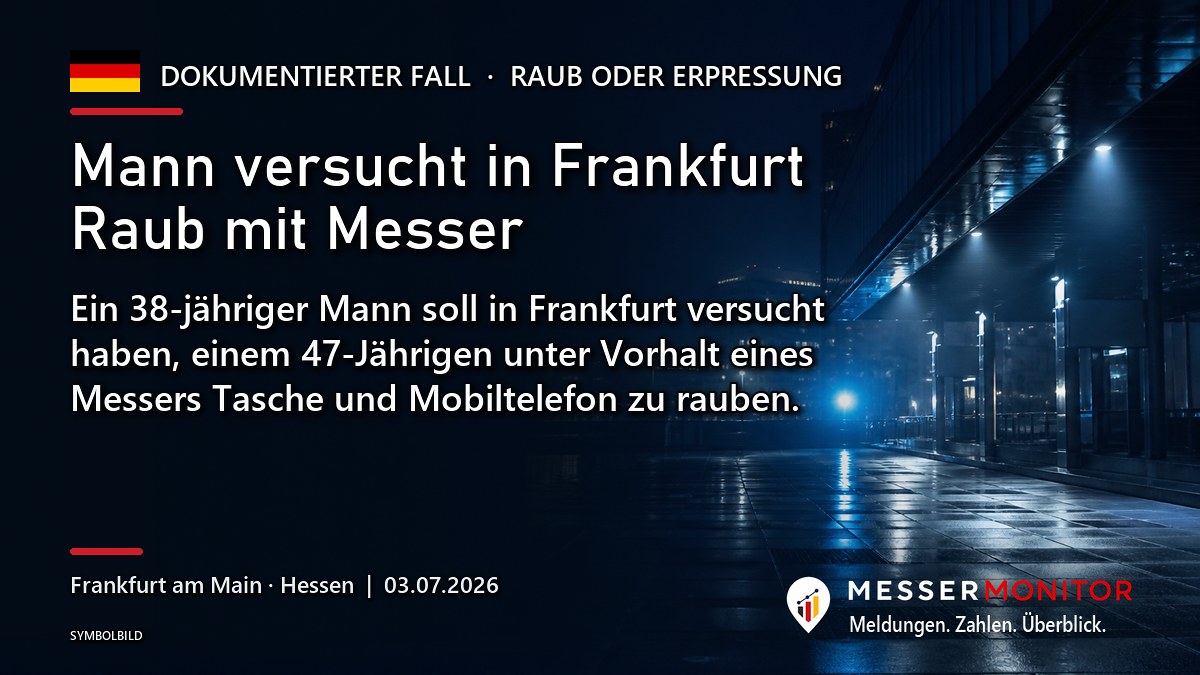 Titelgrafik: Mann versucht in Frankfurt Raub mit Messer. Ein 38-jähriger Mann soll in Frankfurt versucht haben, einem 47-Jährigen unter Vorhalt eines Messers Tasche und Mobiltelefon zu rauben..