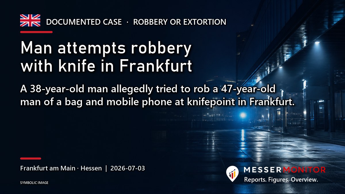 Title image: Man attempts robbery with knife in Frankfurt. A 38-year-old man allegedly tried to rob a 47-year-old man of a bag and mobile phone at knifepoint in Frankfurt..
