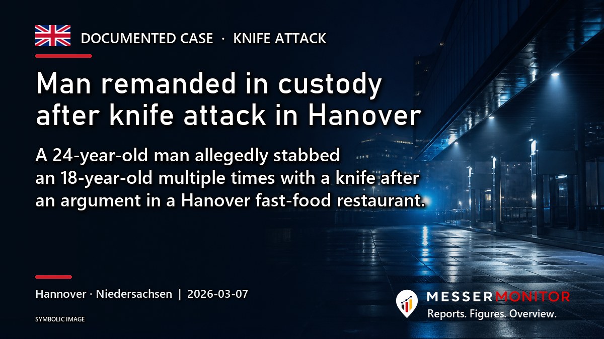 Title image: Man remanded in custody after knife attack in Hanover. A 24-year-old man allegedly stabbed an 18-year-old multiple times with a knife after an argument in a Hanover fast-food restaurant..
