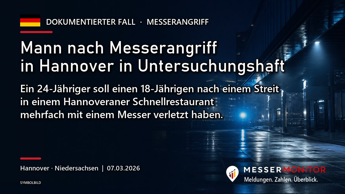 Titelgrafik: Mann nach Messerangriff in Hannover in Untersuchungshaft. Ein 24-Jähriger soll einen 18-Jährigen nach einem Streit in einem Hannoveraner Schnellrestaurant mehrfach mit einem Messer verletzt haben..