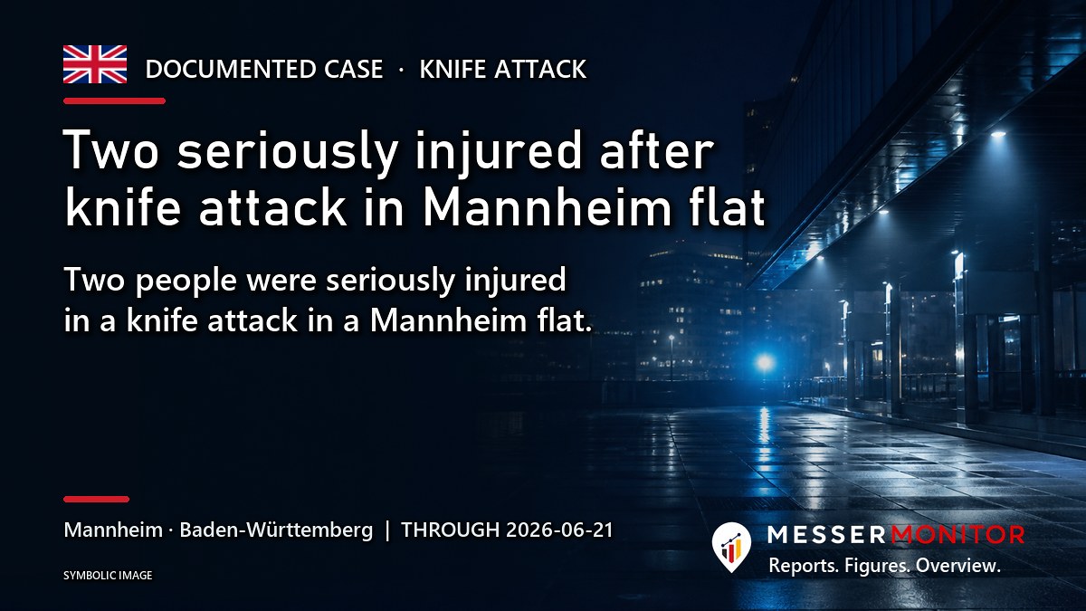 Title image: Two seriously injured after knife attack in Mannheim flat. Two people were seriously injured in a knife attack in a Mannheim flat..