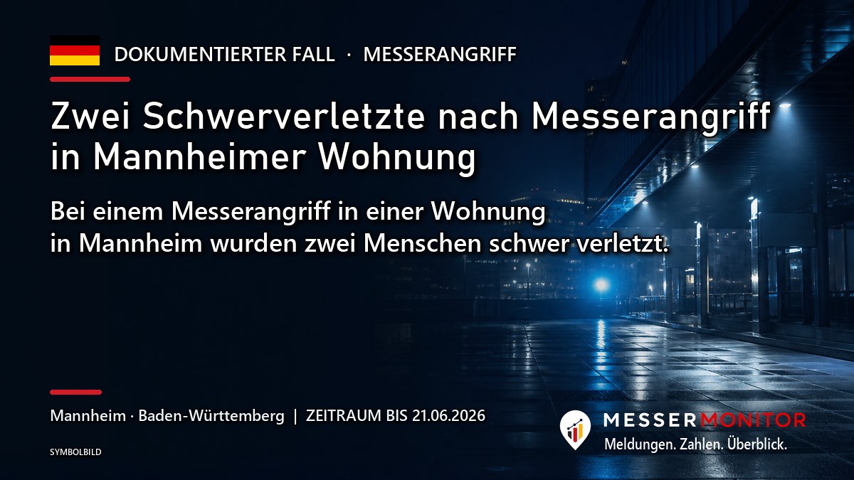 Titelgrafik: Zwei Schwerverletzte nach Messerangriff in Mannheimer Wohnung. Bei einem Messerangriff in einer Wohnung in Mannheim wurden zwei Menschen schwer verletzt..