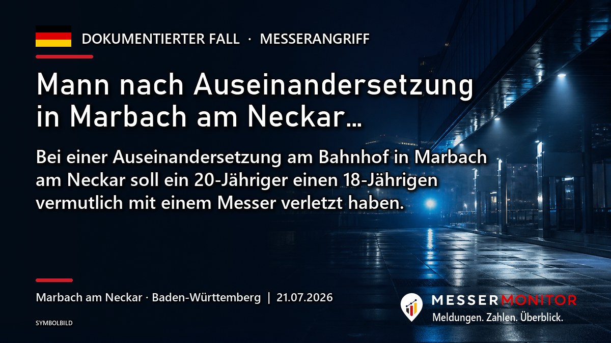 Titelgrafik: Mann nach Auseinandersetzung in Marbach am Neckar…. Bei einer Auseinandersetzung am Bahnhof in Marbach am Neckar soll ein 20-Jähriger einen 18-Jährigen vermutlich mit einem Messer verletzt haben..
