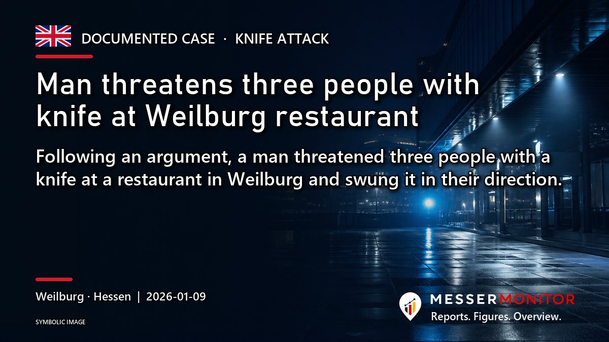 Title image: Man threatens three people with knife at Weilburg restaurant. Following an argument, a man threatened three people with a knife at a restaurant in Weilburg and swung it in their direction..
