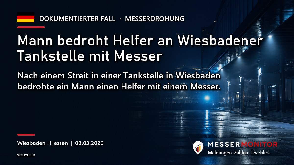 Titelgrafik: Mann bedroht Helfer an Wiesbadener Tankstelle mit Messer. Nach einem Streit in einer Tankstelle in Wiesbaden bedrohte ein Mann einen Helfer mit einem Messer..