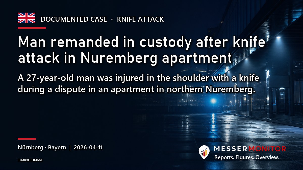 Title image: Man remanded in custody after knife attack in Nuremberg apartment. A 27-year-old man was injured in the shoulder with a knife during a dispute in an apartment in northern Nuremberg..