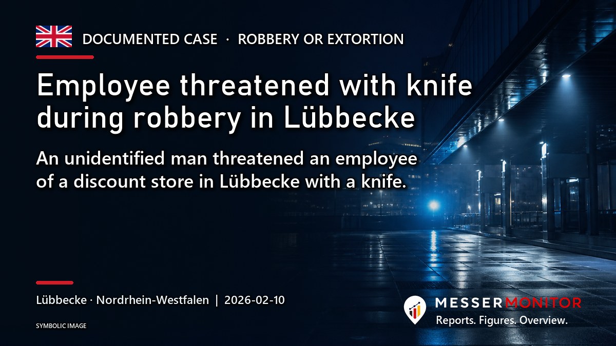 Title image: Employee threatened with knife during robbery in Lübbecke. An unidentified man threatened an employee of a discount store in Lübbecke with a knife..