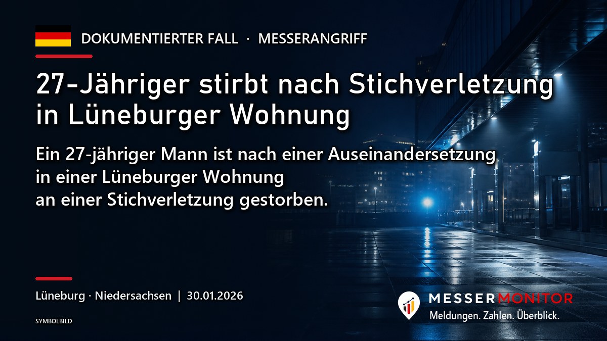 Titelgrafik: 27-Jähriger stirbt nach Stichverletzung in Lüneburger Wohnung. Ein 27-jähriger Mann ist nach einer Auseinandersetzung in einer Lüneburger Wohnung an einer Stichverletzung gestorben..