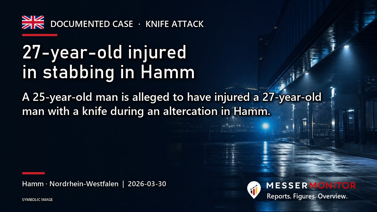 Title image: 27-year-old injured in stabbing in Hamm. A 25-year-old man is alleged to have injured a 27-year-old man with a knife during an altercation in Hamm..