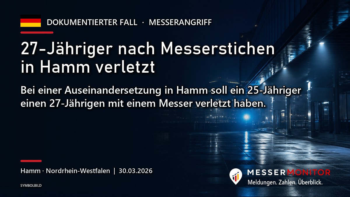 Titelgrafik: 27-Jähriger nach Messerstichen in Hamm verletzt. Bei einer Auseinandersetzung in Hamm soll ein 25-Jähriger einen 27-Jährigen mit einem Messer verletzt haben..