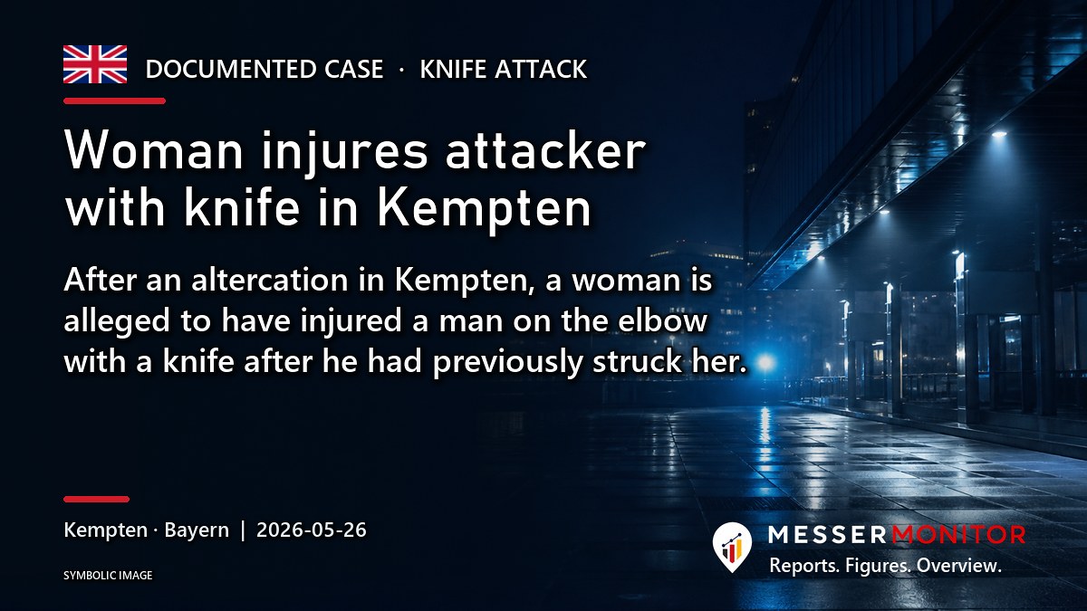 Title image: Woman injures attacker with knife in Kempten. After an altercation in Kempten, a woman is alleged to have injured a man on the elbow with a knife after he had previously struck her..