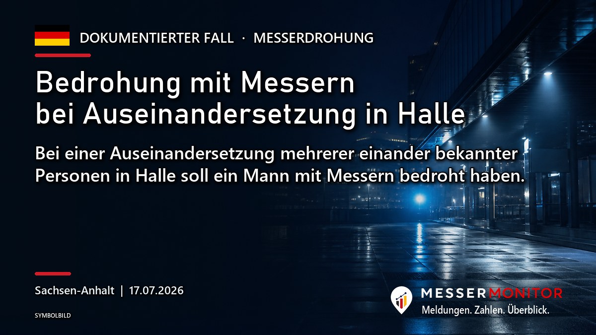 Titelgrafik: Bedrohung mit Messern bei Auseinandersetzung in Halle. Bei einer Auseinandersetzung mehrerer einander bekannter Personen in Halle soll ein Mann mit Messern bedroht haben..