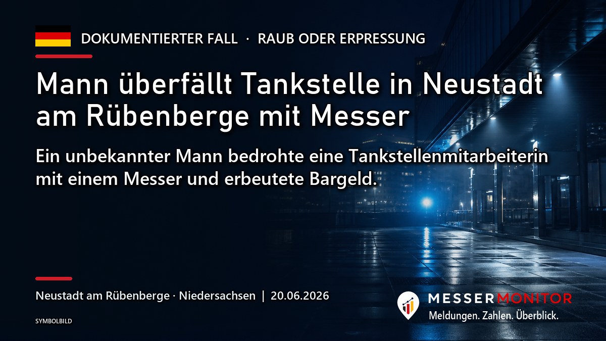 Titelgrafik: Mann überfällt Tankstelle in Neustadt am Rübenberge mit Messer. Ein unbekannter Mann bedrohte eine Tankstellenmitarbeiterin mit einem Messer und erbeutete Bargeld..