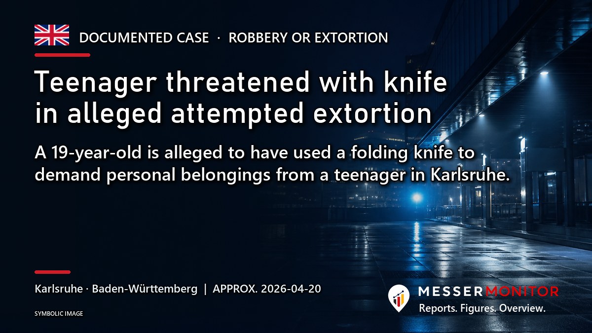 Title image: Teenager threatened with knife in alleged attempted extortion. A 19-year-old is alleged to have used a folding knife to demand personal belongings from a teenager in Karlsruhe..