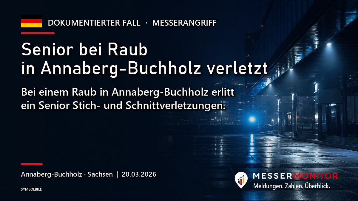 Titelgrafik: Senior bei Raub in Annaberg-Buchholz verletzt. Bei einem Raub in Annaberg-Buchholz erlitt ein Senior Stich- und Schnittverletzungen..