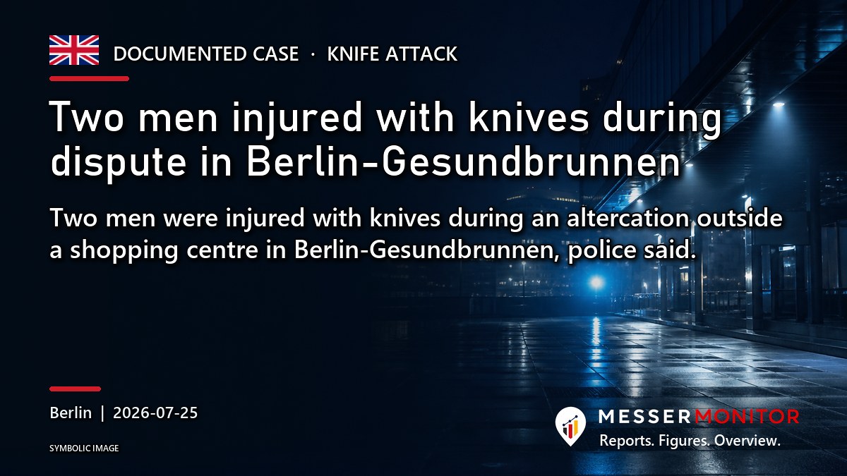 Title image: Two men injured with knives during dispute in Berlin-Gesundbrunnen. Two men were injured with knives during an altercation outside a shopping centre in Berlin-Gesundbrunnen, police said..