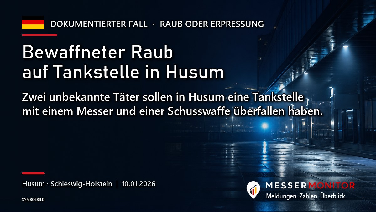 Titelgrafik: Bewaffneter Raub auf Tankstelle in Husum. Zwei unbekannte Täter sollen in Husum eine Tankstelle mit einem Messer und einer Schusswaffe überfallen haben..