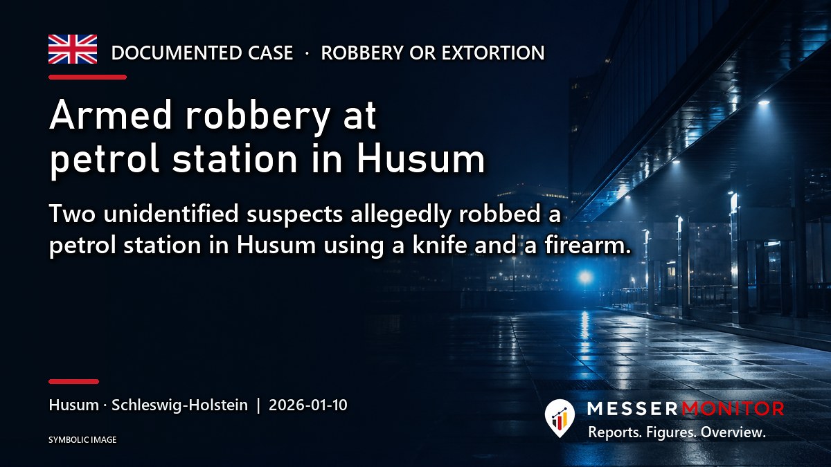 Title image: Armed robbery at petrol station in Husum. Two unidentified suspects allegedly robbed a petrol station in Husum using a knife and a firearm..