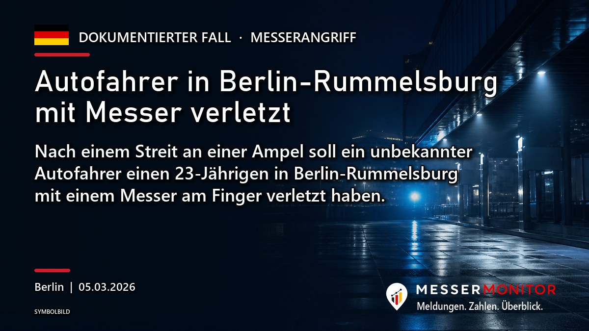 Titelgrafik: Autofahrer in Berlin-Rummelsburg mit Messer verletzt. Nach einem Streit an einer Ampel soll ein unbekannter Autofahrer einen 23-Jährigen in Berlin-Rummelsburg mit einem Messer am Finger verletzt haben..