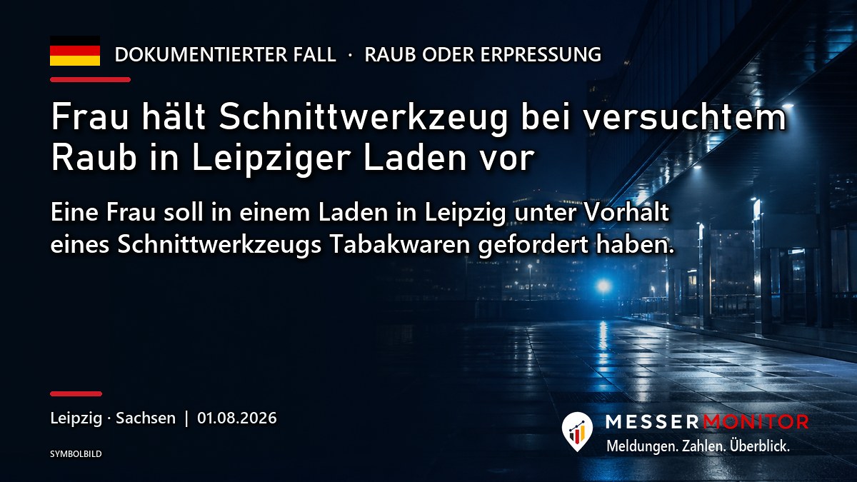 Titelgrafik: Frau hält Schnittwerkzeug bei versuchtem Raub in Leipziger Laden vor. Eine Frau soll in einem Laden in Leipzig unter Vorhalt eines Schnittwerkzeugs Tabakwaren gefordert haben..