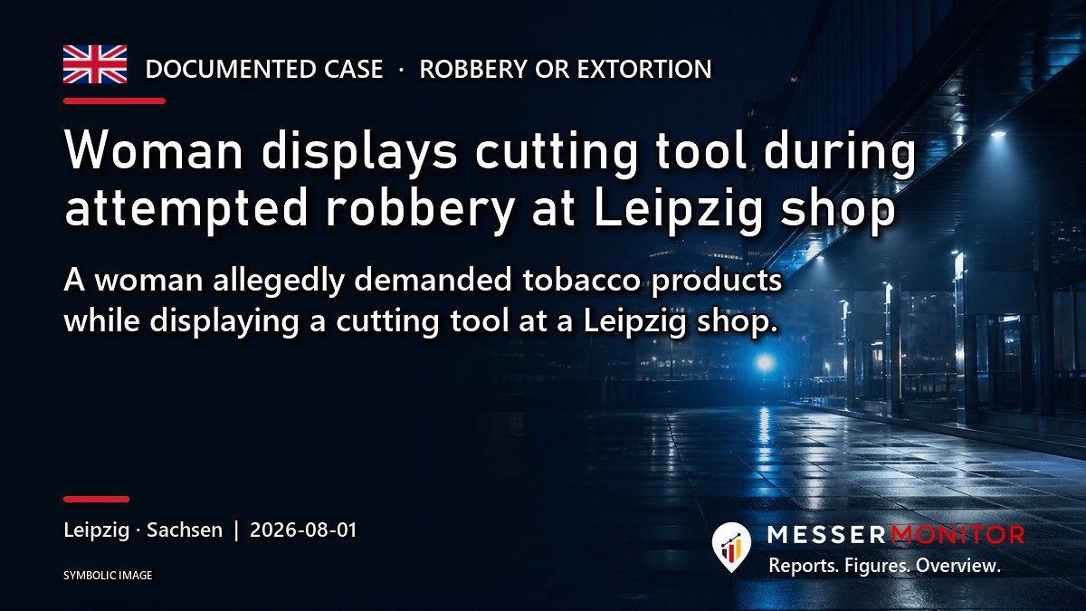Title image: Woman displays cutting tool during attempted robbery at Leipzig shop. A woman allegedly demanded tobacco products while displaying a cutting tool at a Leipzig shop..