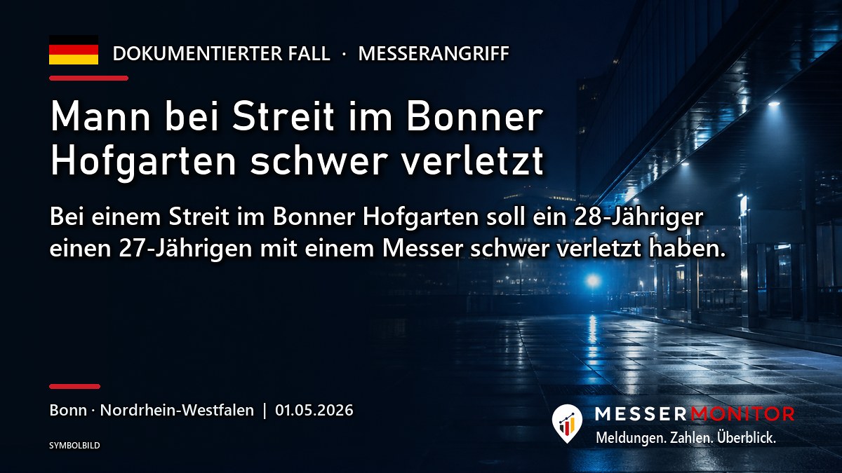 Titelgrafik: Mann bei Streit im Bonner Hofgarten schwer verletzt. Bei einem Streit im Bonner Hofgarten soll ein 28-Jähriger einen 27-Jährigen mit einem Messer schwer verletzt haben..