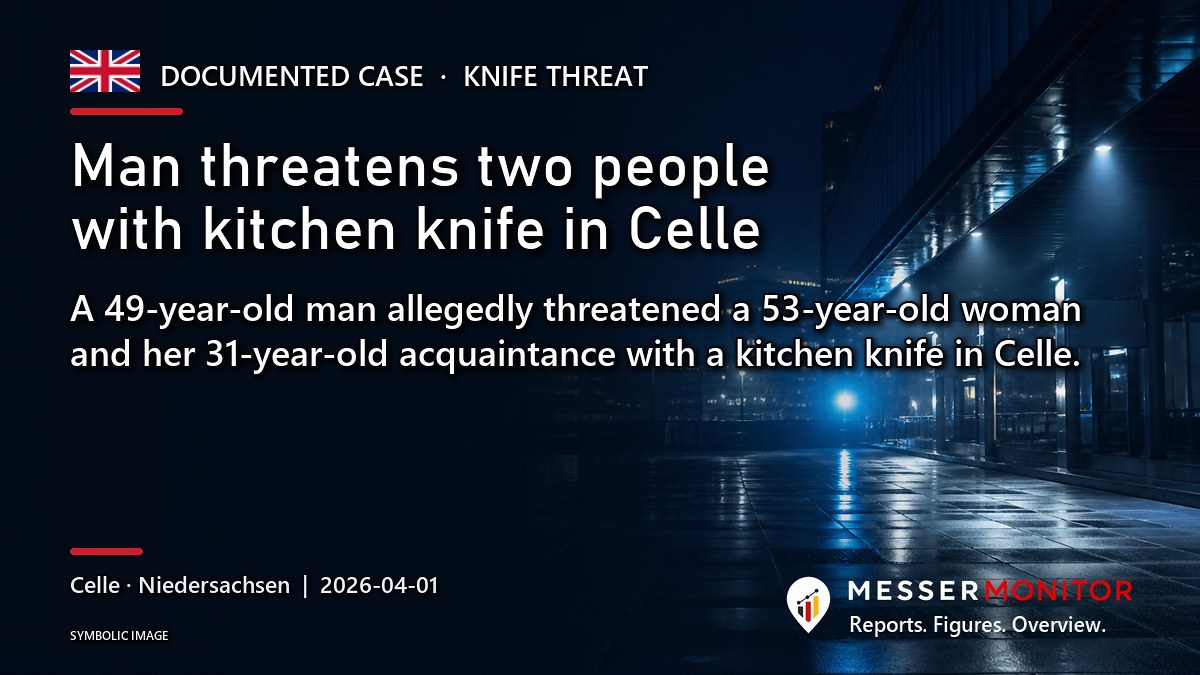 Title image: Man threatens two people with kitchen knife in Celle. A 49-year-old man allegedly threatened a 53-year-old woman and her 31-year-old acquaintance with a kitchen knife in Celle..