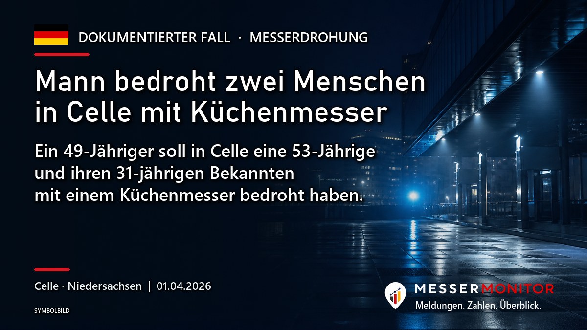 Titelgrafik: Mann bedroht zwei Menschen in Celle mit Küchenmesser. Ein 49-Jähriger soll in Celle eine 53-Jährige und ihren 31-jährigen Bekannten mit einem Küchenmesser bedroht haben..