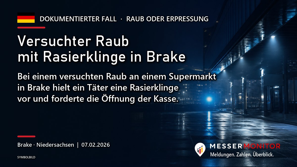Titelgrafik: Versuchter Raub mit Rasierklinge in Brake. Bei einem versuchten Raub an einem Supermarkt in Brake hielt ein Täter eine Rasierklinge vor und forderte die Öffnung der Kasse..