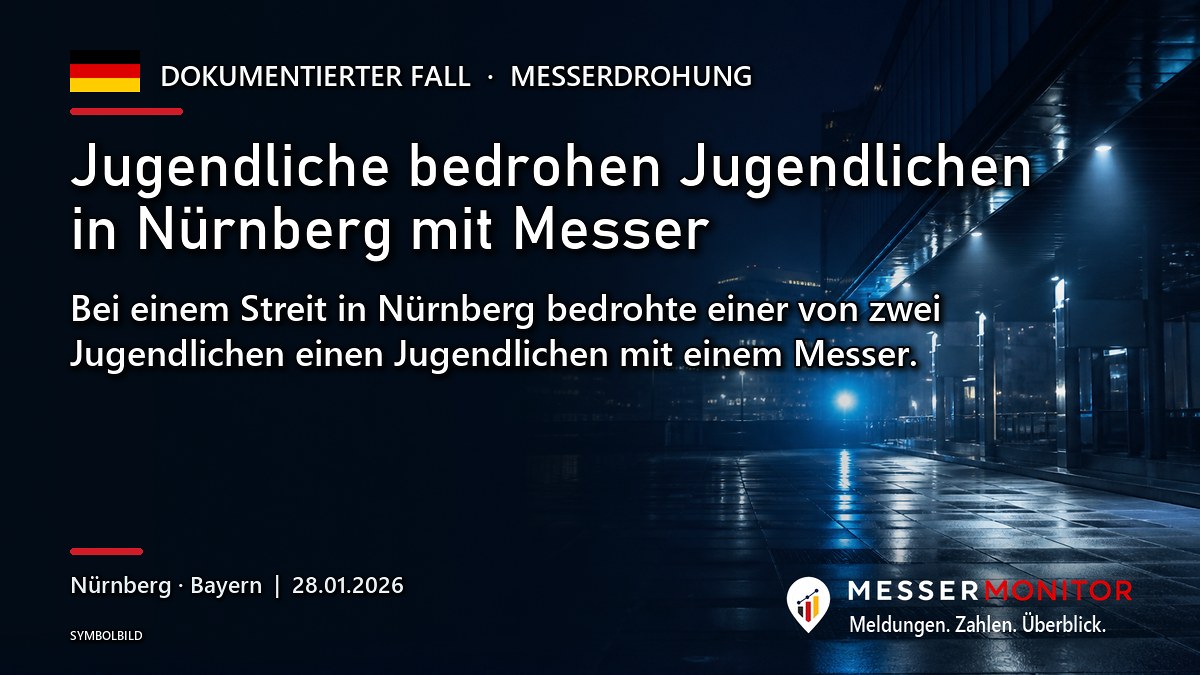 Titelgrafik: Jugendliche bedrohen Jugendlichen in Nürnberg mit Messer. Bei einem Streit in Nürnberg bedrohte einer von zwei Jugendlichen einen Jugendlichen mit einem Messer..