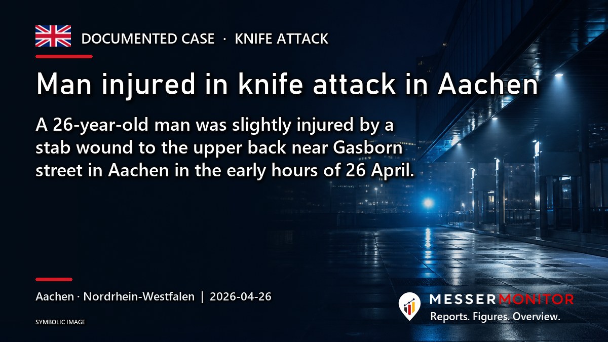 Title image: Man injured in knife attack in Aachen. A 26-year-old man was slightly injured by a stab wound to the upper back near Gasborn street in Aachen in the early hours of 26 April..