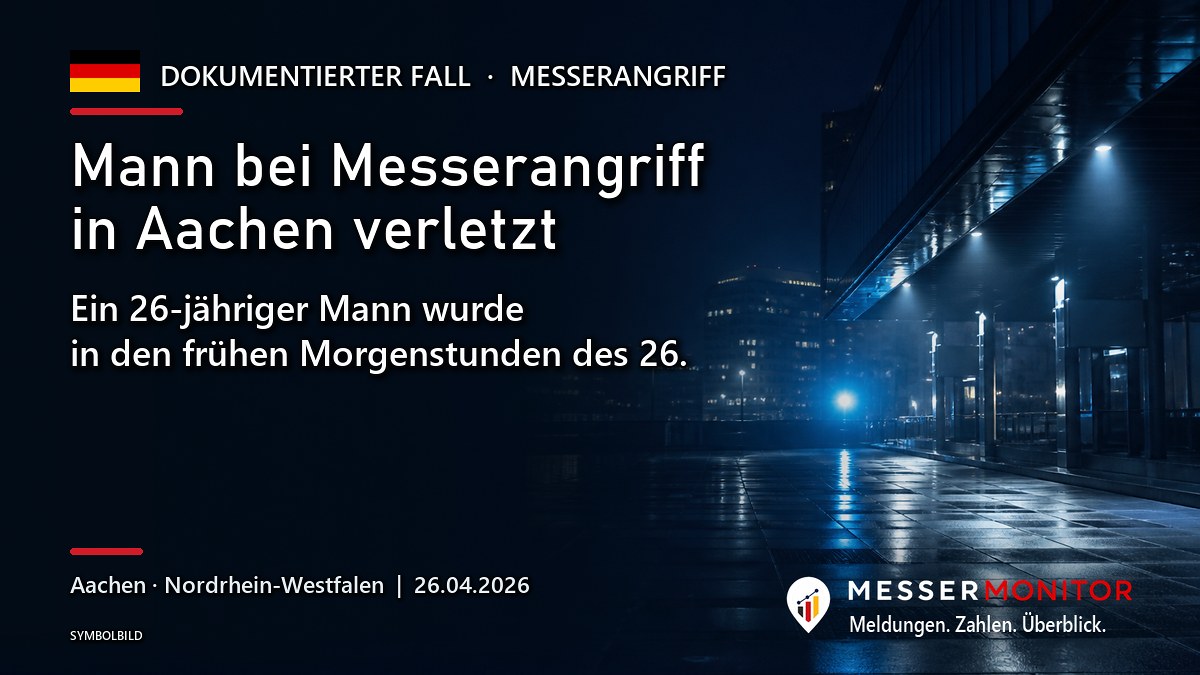 Titelgrafik: Mann bei Messerangriff in Aachen verletzt. Ein 26-jähriger Mann wurde in den frühen Morgenstunden des 26..