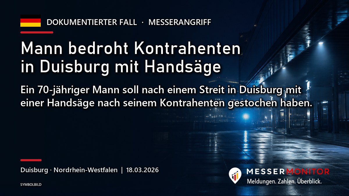 Titelgrafik: Mann bedroht Kontrahenten in Duisburg mit Handsäge. Ein 70-jähriger Mann soll nach einem Streit in Duisburg mit einer Handsäge nach seinem Kontrahenten gestochen haben..