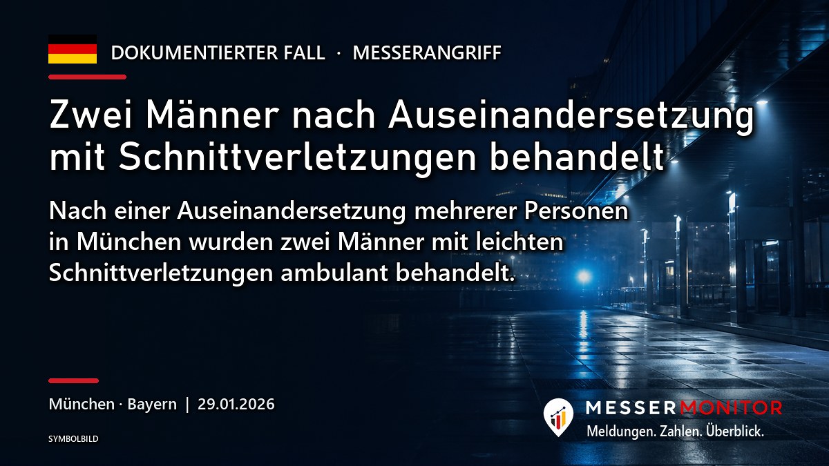 Titelgrafik: Zwei Männer nach Auseinandersetzung mit Schnittverletzungen behandelt. Nach einer Auseinandersetzung mehrerer Personen in München wurden zwei Männer mit leichten Schnittverletzungen ambulant behandelt..