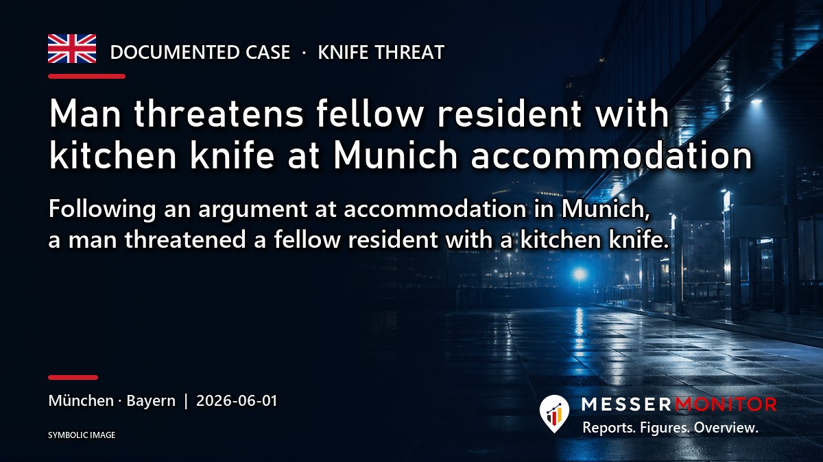 Title image: Man threatens fellow resident with kitchen knife at Munich accommodation. Following an argument at accommodation in Munich, a man threatened a fellow resident with a kitchen knife..