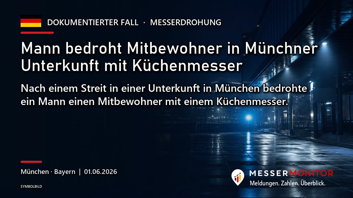 Titelgrafik: Mann bedroht Mitbewohner in Münchner Unterkunft mit Küchenmesser. Nach einem Streit in einer Unterkunft in München bedrohte ein Mann einen Mitbewohner mit einem Küchenmesser..