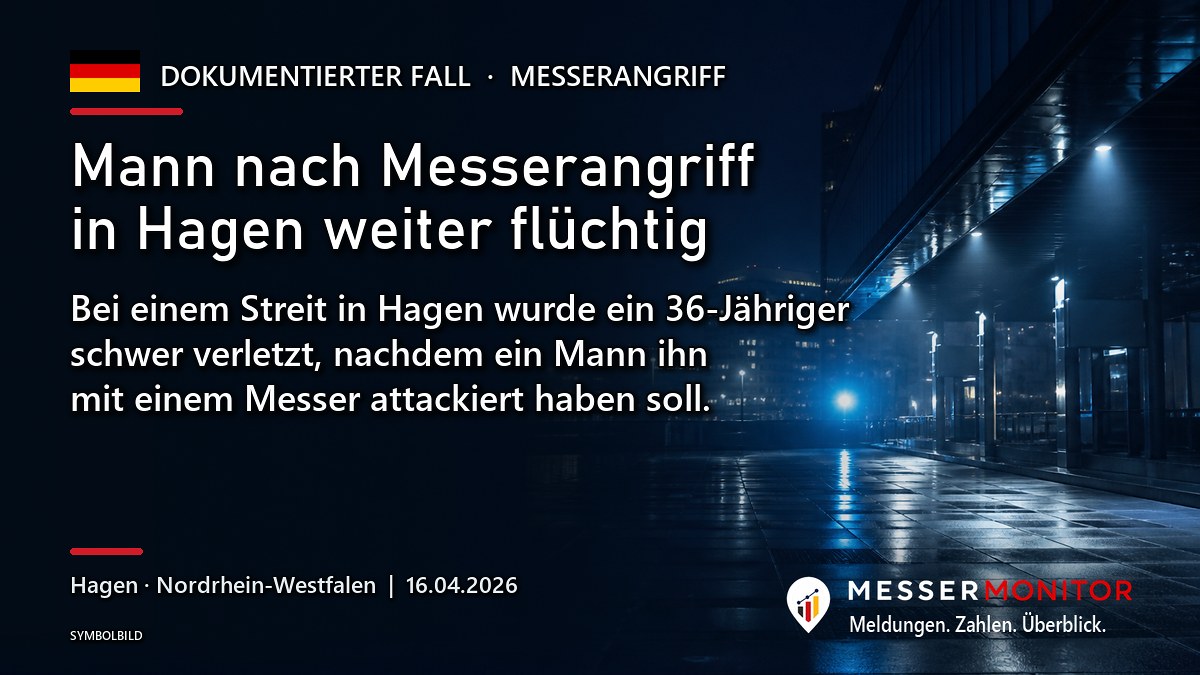 Titelgrafik: Mann nach Messerangriff in Hagen weiter flüchtig. Bei einem Streit in Hagen wurde ein 36-Jähriger schwer verletzt, nachdem ein Mann ihn mit einem Messer attackiert haben soll..